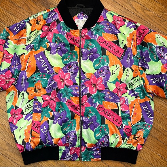 Vintage Stefano World Wide Tropical Satin Bomber Jacket Size L Travel Beach 90s - Picture 2 of 7